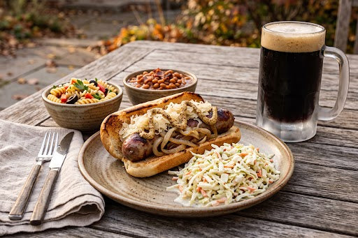 Smoked Beer-Braised Bratwursts with Caramelized Onions