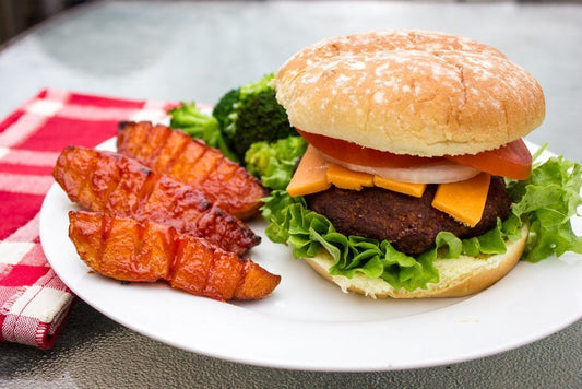 Turkey burger and potato wedges on a plate
