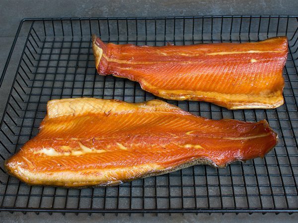 Smoked rainbow trout on rack