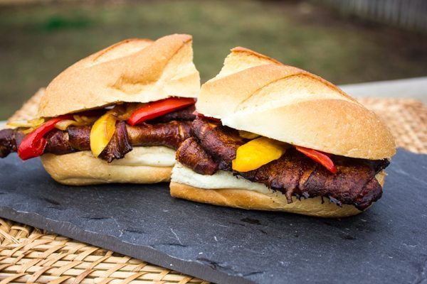 Smoked pork chop sandwich with peppers